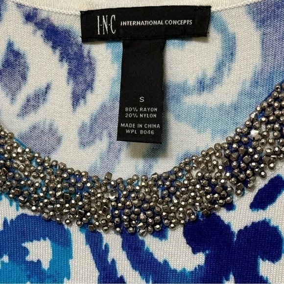 INC International Concepts Blue White Short Sleeve Top Rhinestone Collar Size S - Picture 5 of 6